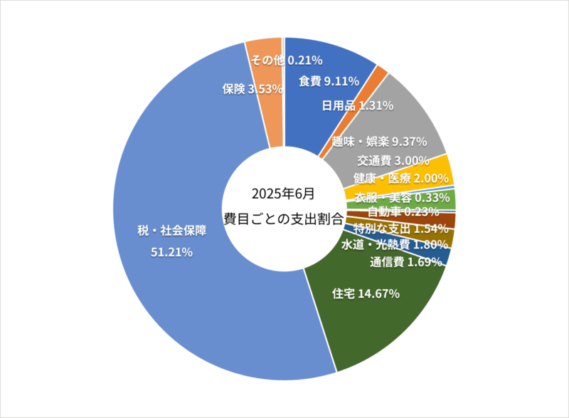 2025年6月の費目ごとの支出割合の円グラフ