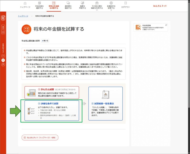 「ねんきんネット」将来の年金額を試算する→詳細な条件で試算