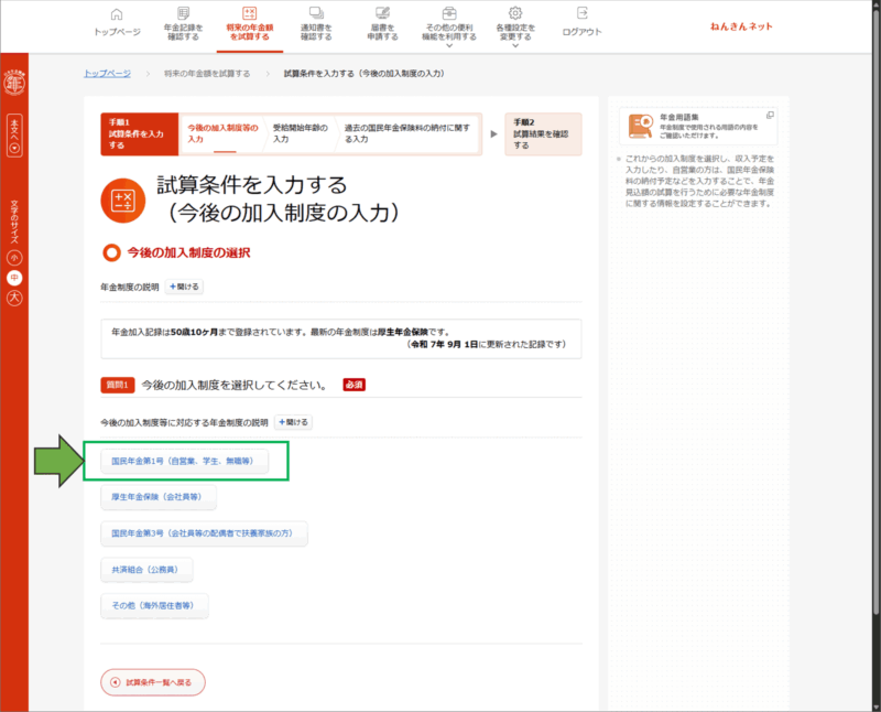 「ねんきんネット」詳細試算→今後の加入制度を選択